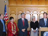 From left: Ed Cmte Co-Chairs Rep. Fleischmann, Sen. Stillman, Senate Pres Pro Tem Williams, Lt. Gov. Wyman, Gov. Malloy, Speaker of the House Donovan